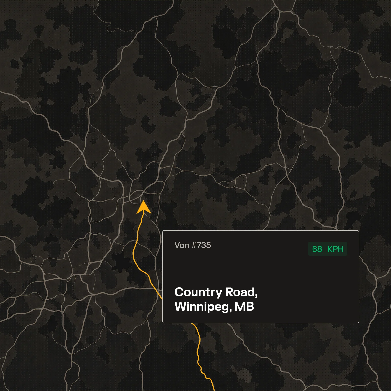 Dark map showing Van #735 traveling on Country Road, Washington, IN at 43 MPH, with an orange route arrow.