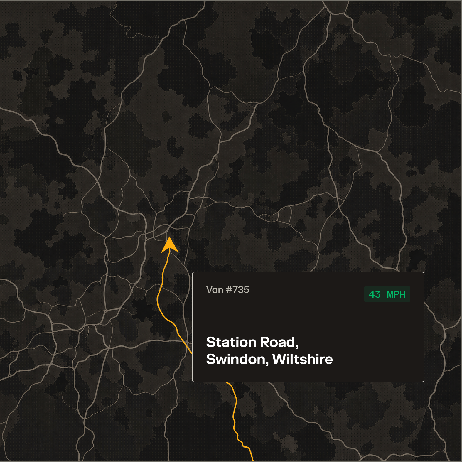 Dark map showing Van #735 travelling on Station Road, Swindon, Wiltshire at 43 MPH, marked with an orange arrow.