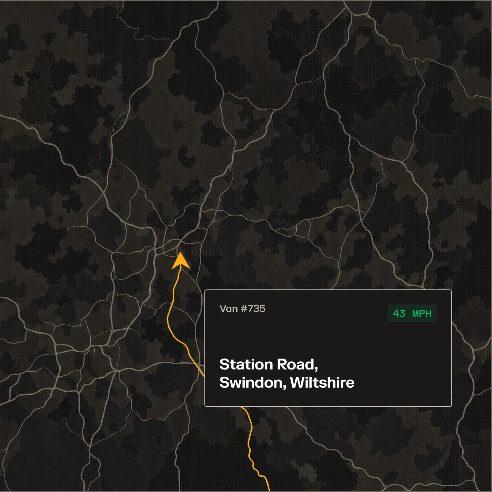 Dark map showing Van #735 travelling on Station Road, Swindon, Wiltshire at 43 MPH, marked with an orange arrow.