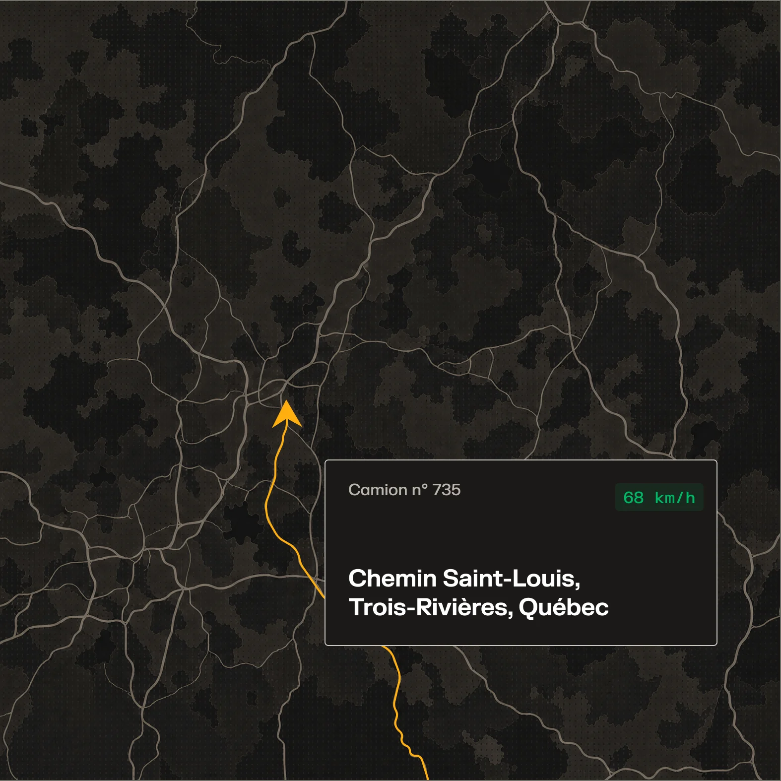 Carte sombre montrant le camion n° 735 à 68 km/h sur le chemin Saint-Louis, Trois-Rivières, Québec.