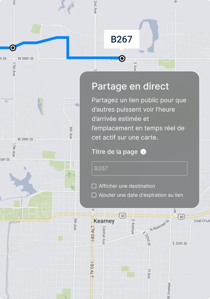 Carte de l'itinéraire B267 avec le tracé bleu et boîte de dialogue Live Share pour partager les informations d'emplacement.