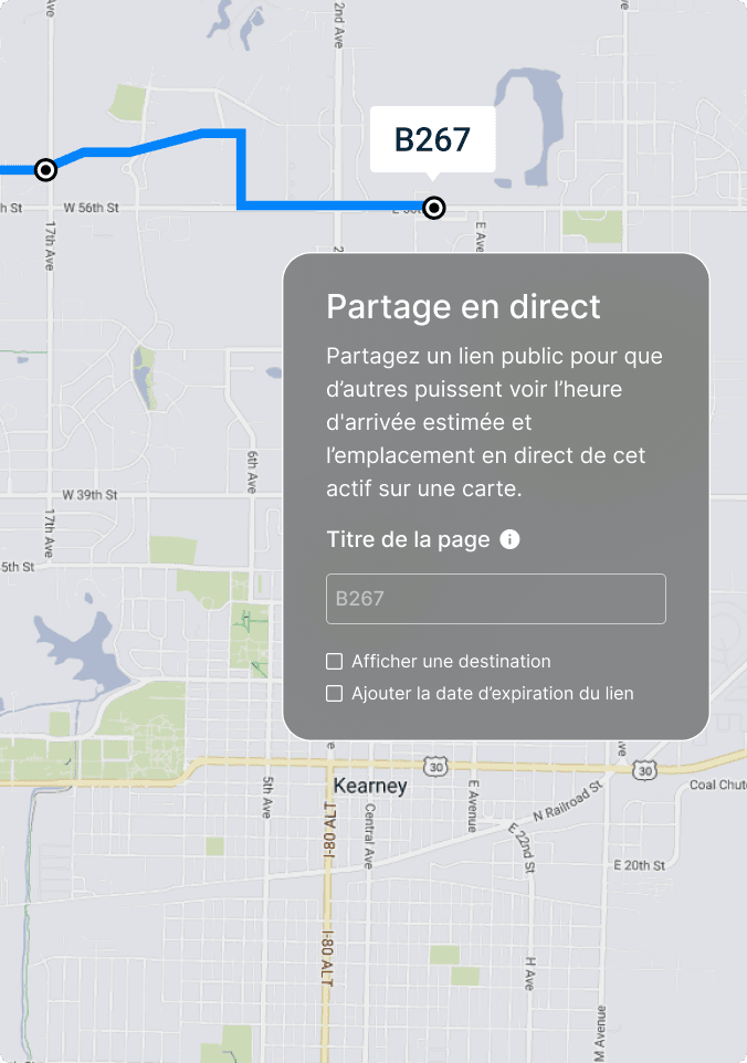 Carte de l'itinéraire B267 avec le tracé bleu et boîte de dialogue Live Share pour partager les informations d'emplacement.