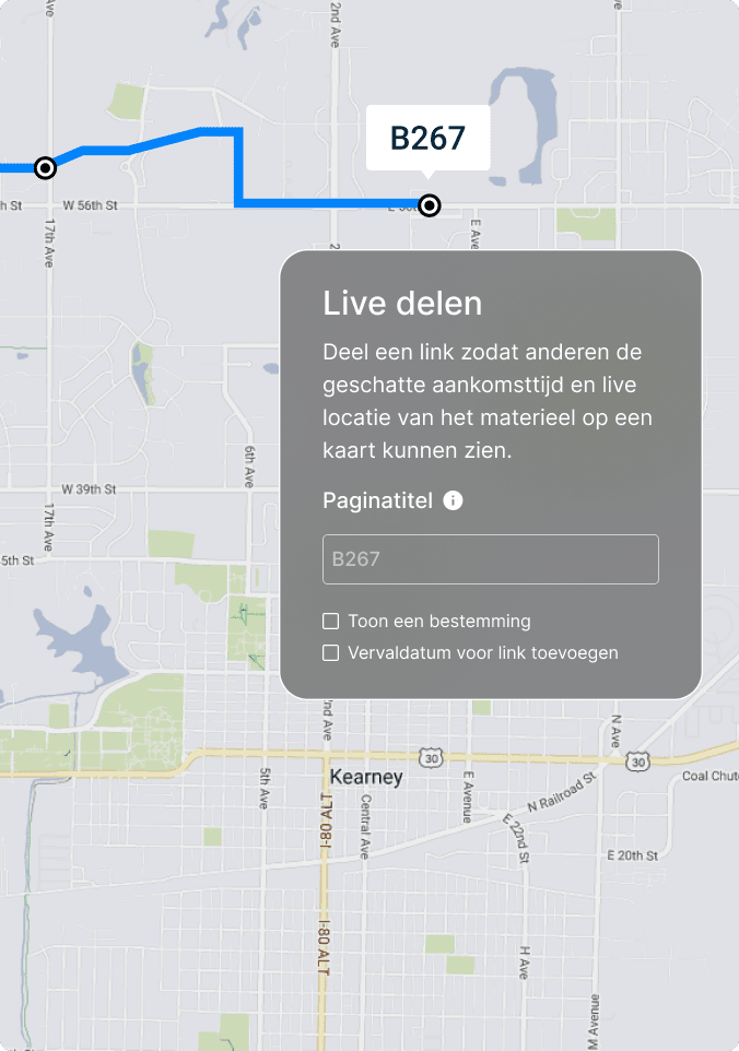 Kaart met route B267 met blauw lijnpad en Live Share-dialoogvenster voor het delen van locatie-trackinginformatie.