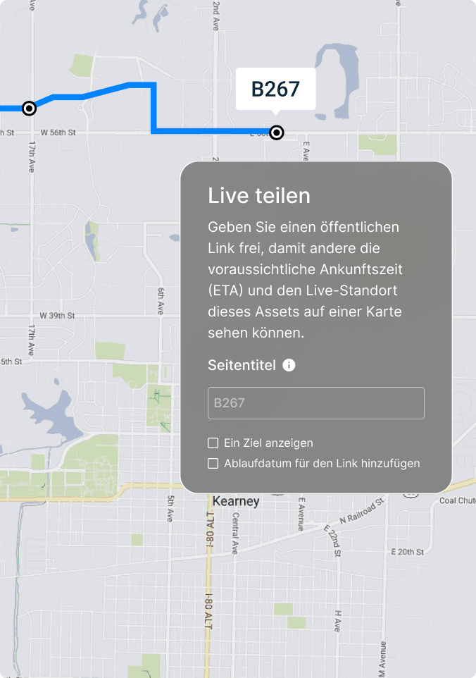 Karte mit der Route B267, blauem Linienverlauf und einem Live Share-Dialogfeld zur Echtzeit-Standortfreigabe.