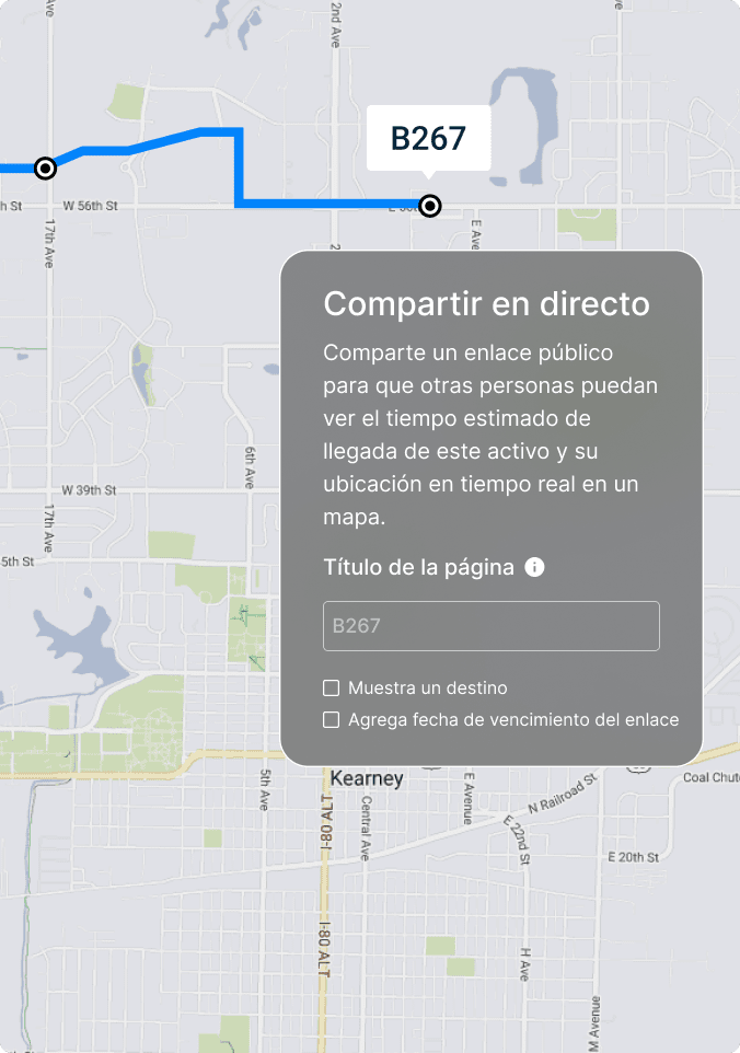 Mapa de la ruta B267 con un camino de línea azul y un cuadro de diálogo de Compartir en Vivo para seguir la ubicación.