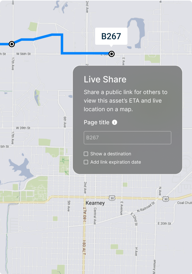 Map showing route B267 with blue line path and Live Share dialog box for sharing location tracking information.