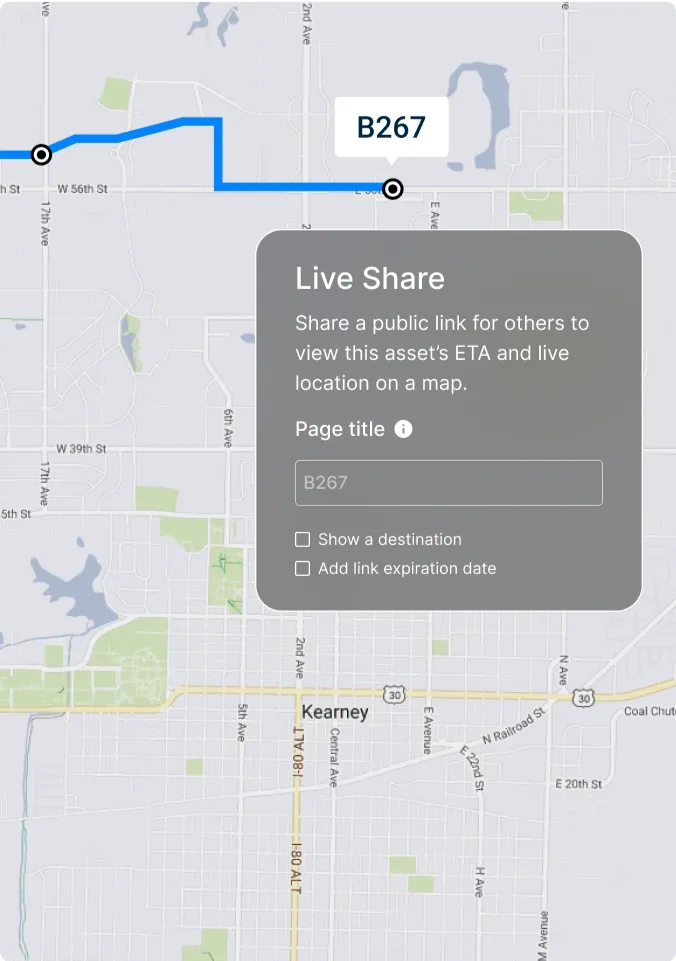 Map showing route B267 with blue line path and Live Share dialog box for sharing location tracking information.