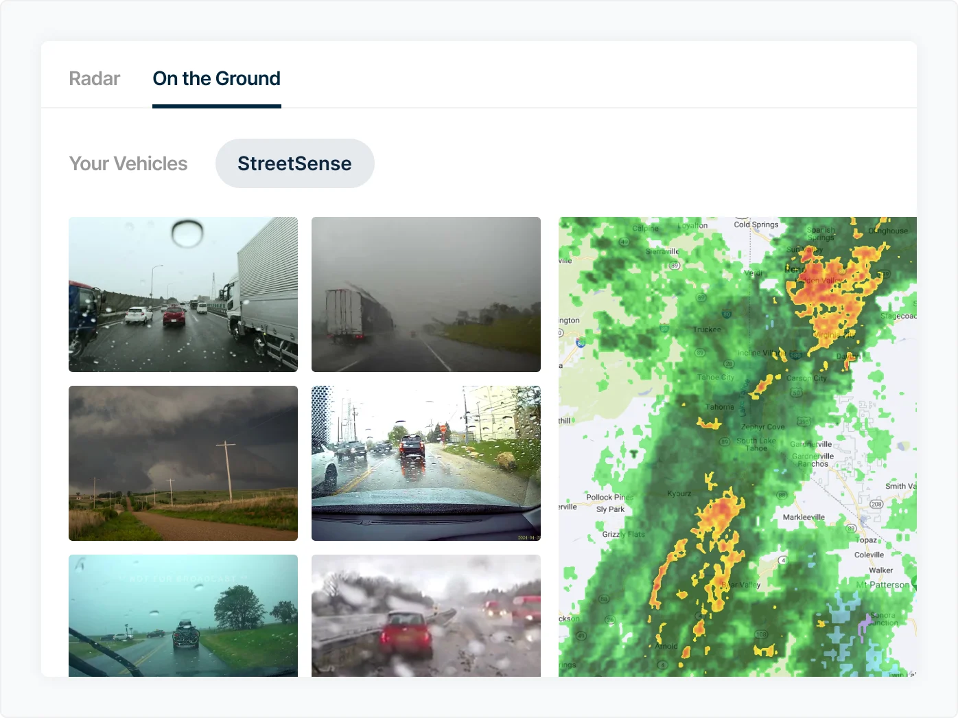 Weather alert interface showing severe thunderstorm warning with road conditions, storm photos, and map of affected area.