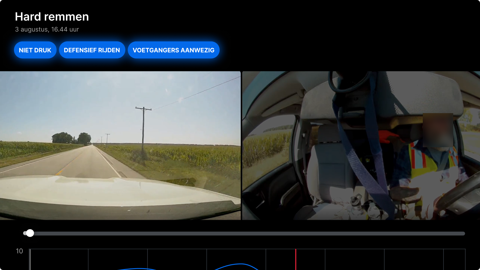Interface voor bestuurdersmonitoring met filteropties, dashcambeelden van een ambulance die hard remt op een kruispunt