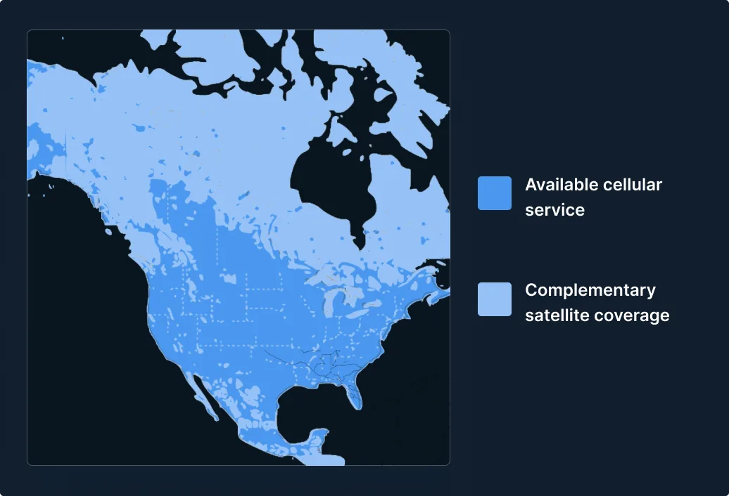 Map of North America showing cellular coverage in blue and satellite coverage areas with a legend on the right side.