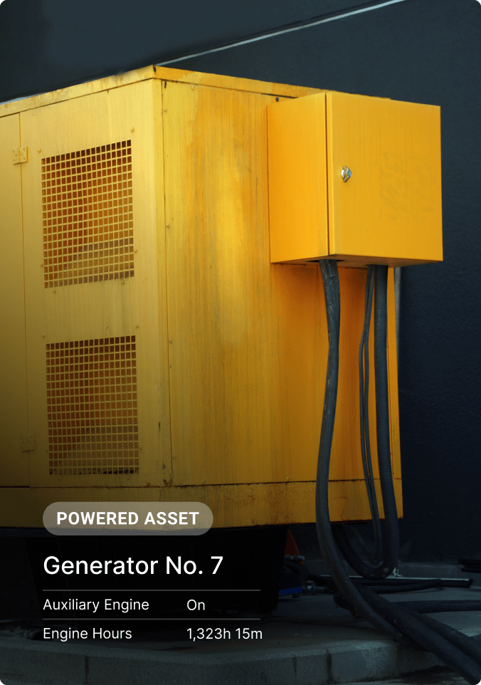 Yellow industrial generator #7 with cables, showing 'Auxiliary Engine: On' and 'Engine Hours: 1323h 15m' status.