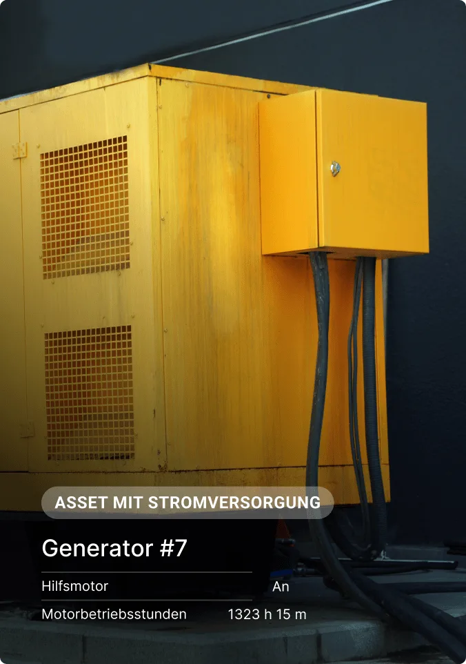 Gelber Industriegenerator Nr. 7 mit Kabeln, zeigt Status „Hilfsmotor: ein“ und „Maschinenstunden: 1.323 h 15 min“ an.