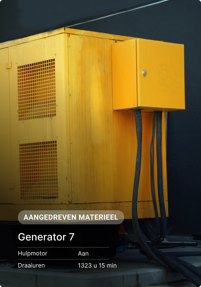 Gele generator 7 met kabels, getoond als hulpmotor met 1323 draaiuren en 15 minuten. Aangedreven materieel.
