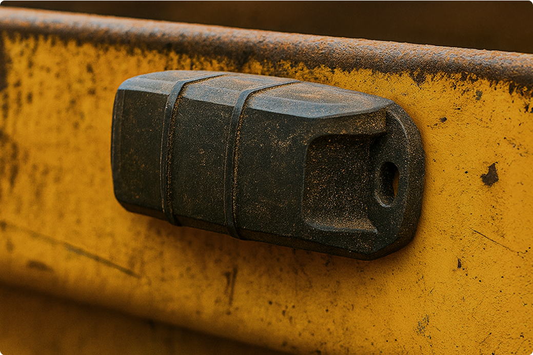 Close-up van een zwarte bumper of beschermingsplaat op een versleten geel metalen oppervlak, waarschijnlijk bouwmaterieel.