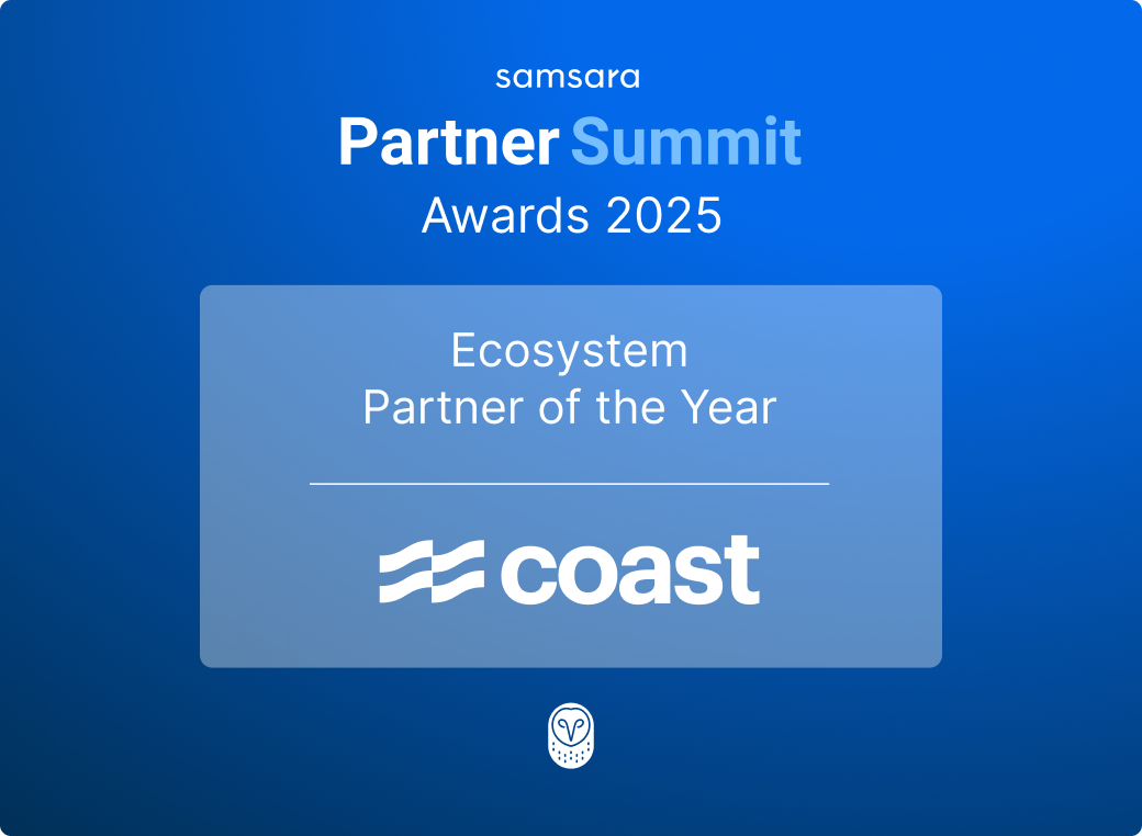 Samsara Partner Summit Awards 2025 announcement showing Coast as Ecosystem Partner of the Year on blue background.