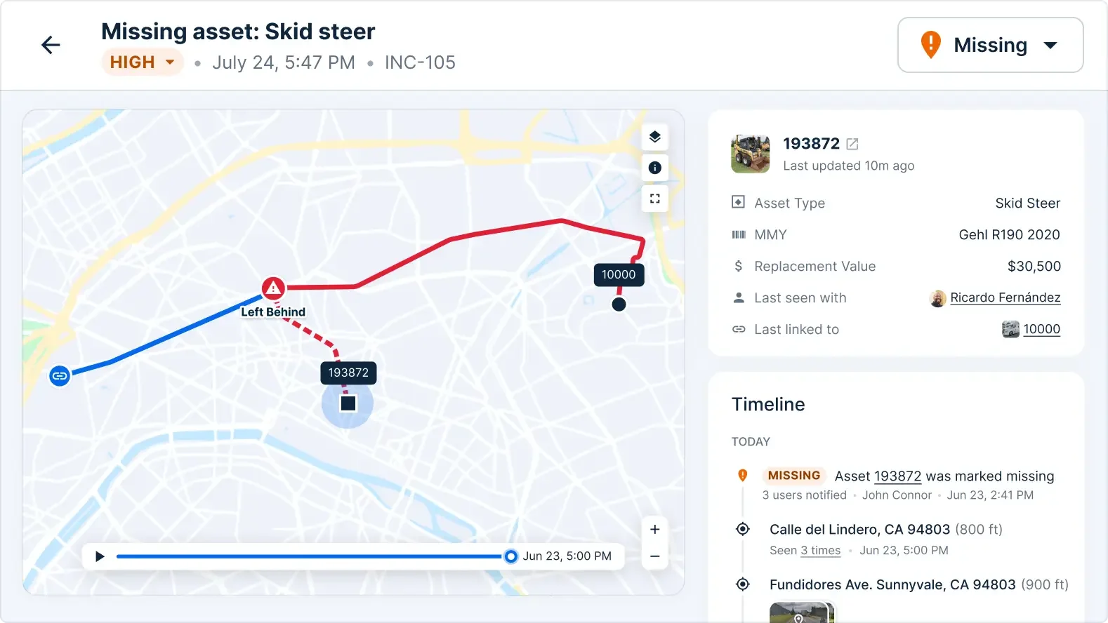 Asset tracking interface showing a missing Gehl R190 skid steer with map route and $30,500 replacement value.