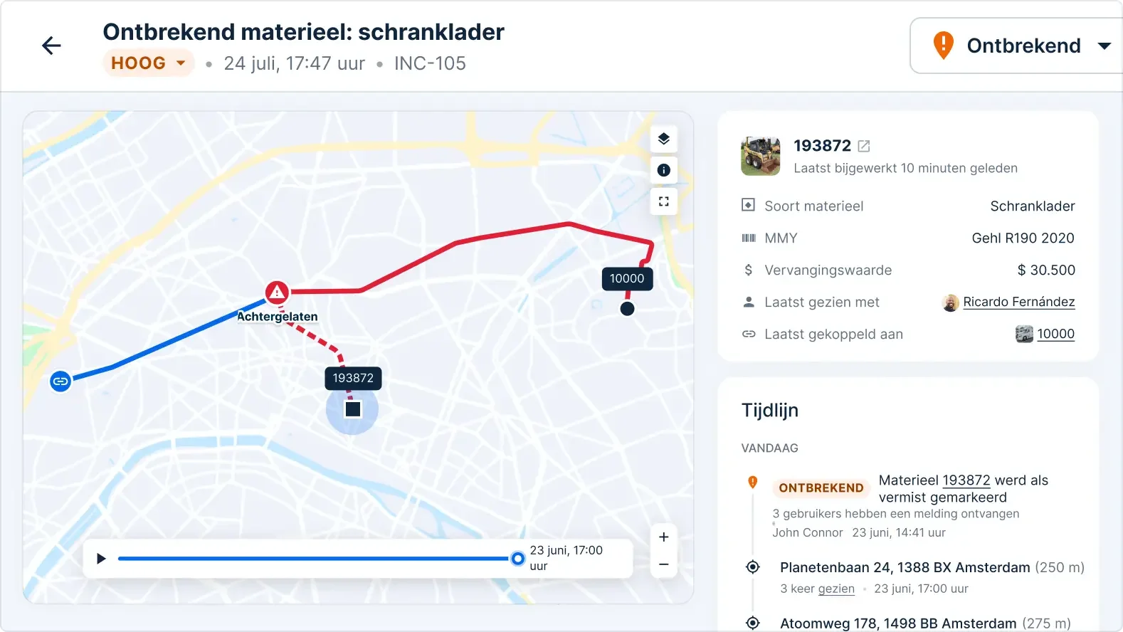 Interface voor asset tracking waarop een vermiste Gehl R190-schranklader te zien is, inclusief route en waarde van $ 30.500.