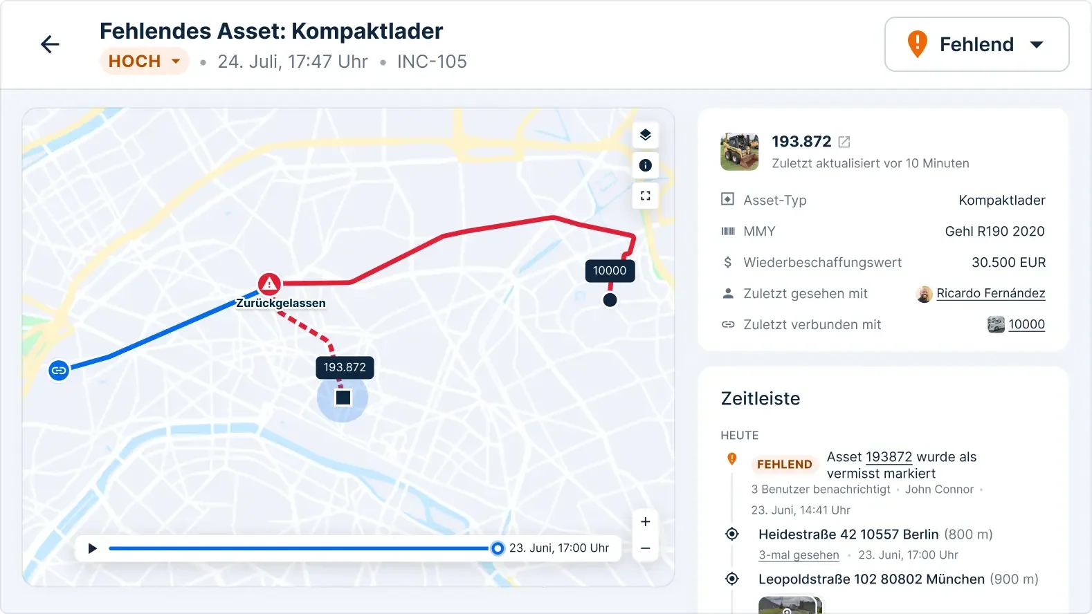 Asset Ortung zeigt vermissten Gehl R190 Kompaktlader mit Routenanzeige und Wiederbeschaffungswert von 30.500 $.