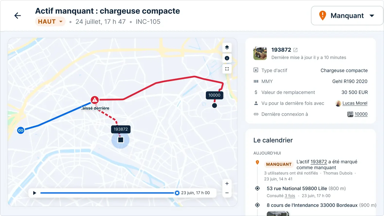 Interface de suivi des actifs d'une Gehl R190 manquante avec itinéraire sur carte et une valeur de remplacement de 30,5k $.