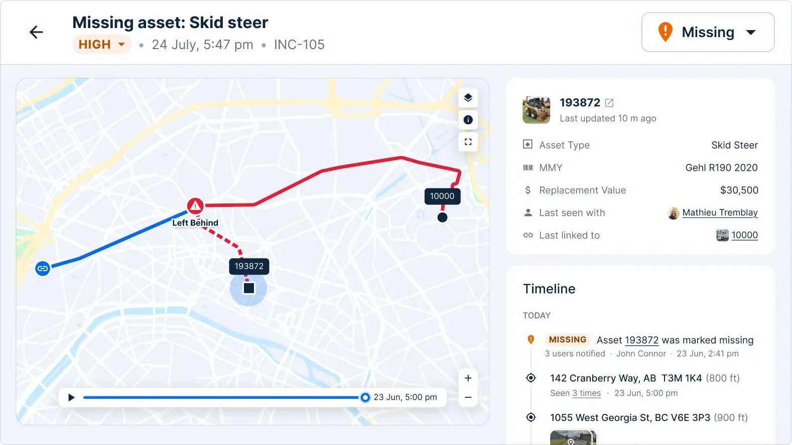 Asset tracking interface showing a missing Gehl R190 skid steer with map route and $30,500 replacement value.