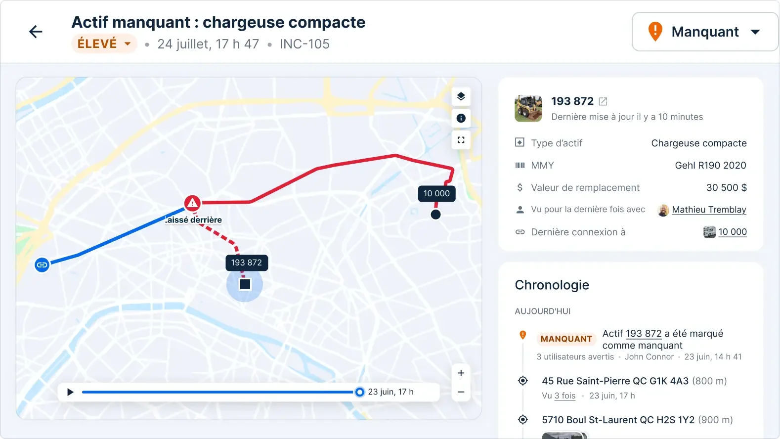 Interface de suivi des actifs montrant un mini-chargeur Gehl R190 manquant avec l’itinéraire.