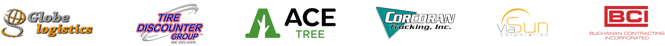 Row of company logos including Globe Logistics, Tire Discounter Group, Ace Tree, Corcoran Trucking, Vasun, and BCI