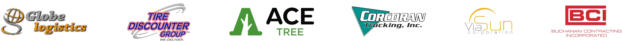 Row of company logos including Globe Logistics, Tire Discounter Group, Ace Tree, Corcoran Trucking, Vasun, and BCI