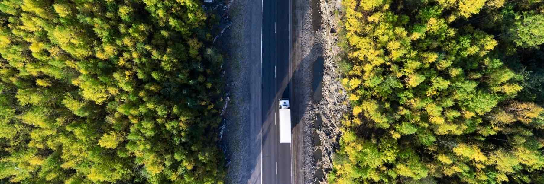 white truck driving through wooded forest