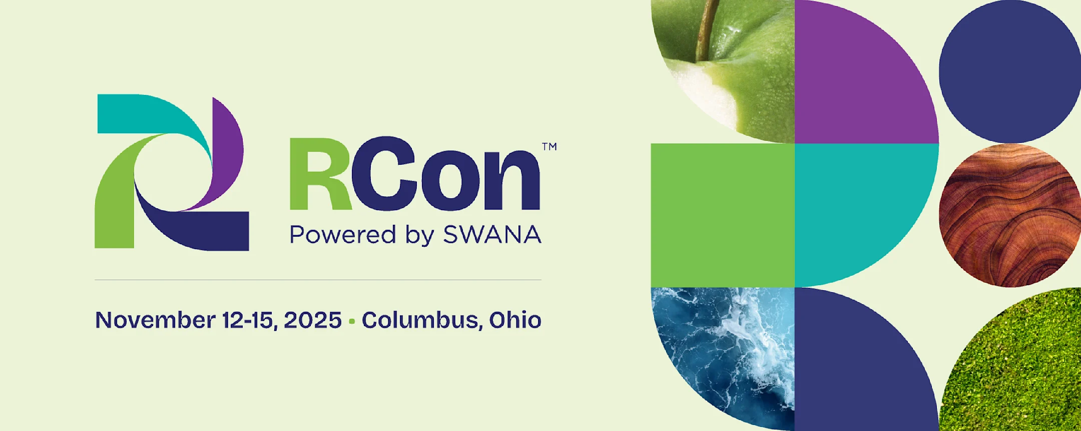RCon logo powered by SWANA for November 12-15, 2025 event in Columbus, Ohio, with colorful circular nature-themed graphics.