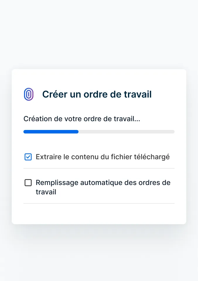 Un ordre de travail rempli par l'IA à partir d'une facture chargée.