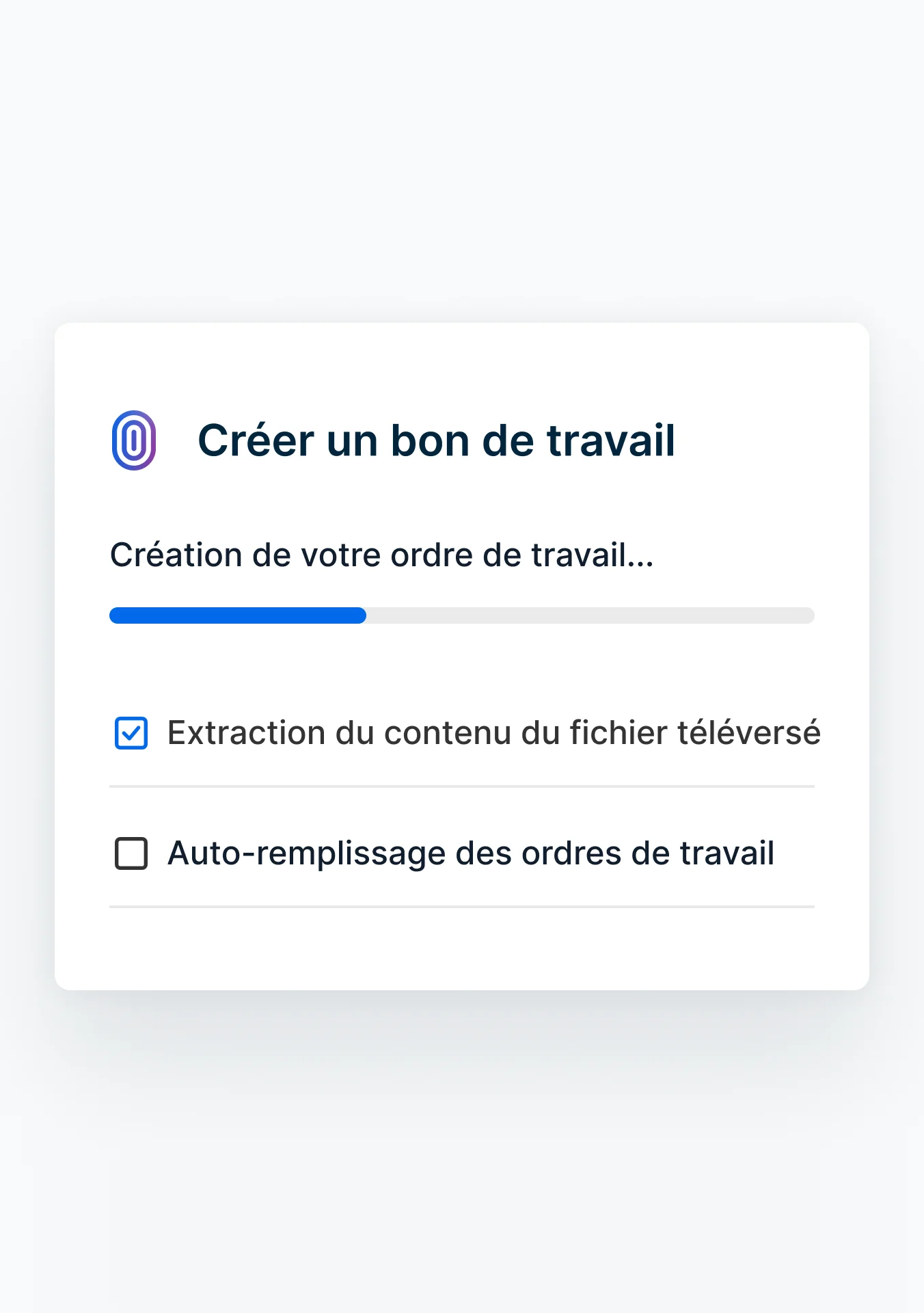 Un ordre de travail IA extrait d'une facture téléversée.
