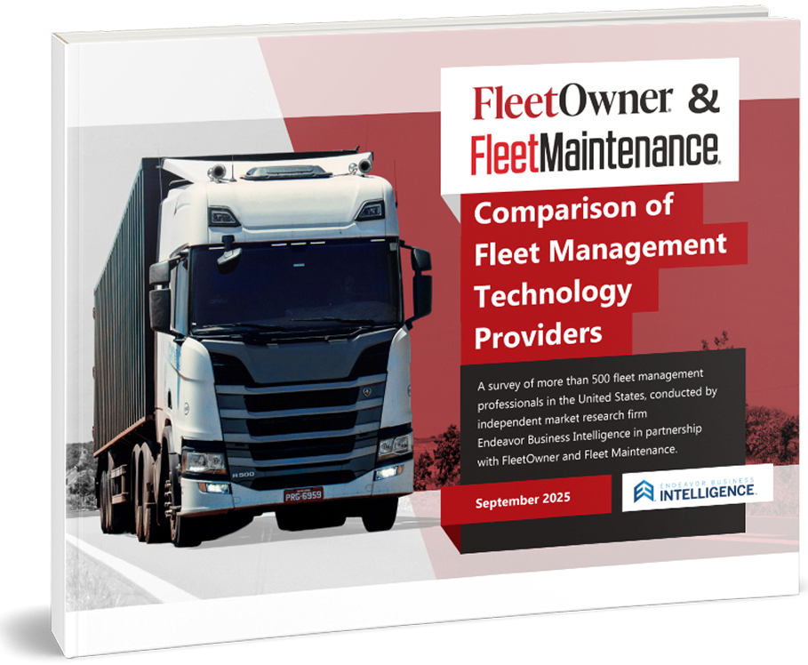 Cover of FleetOwner report comparing fleet management technology providers, featuring a white semi-truck and red branding.