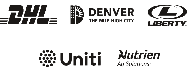 DHL logo, City and County of Denver Logo, Liberty logo, Uniti logo, mach logo