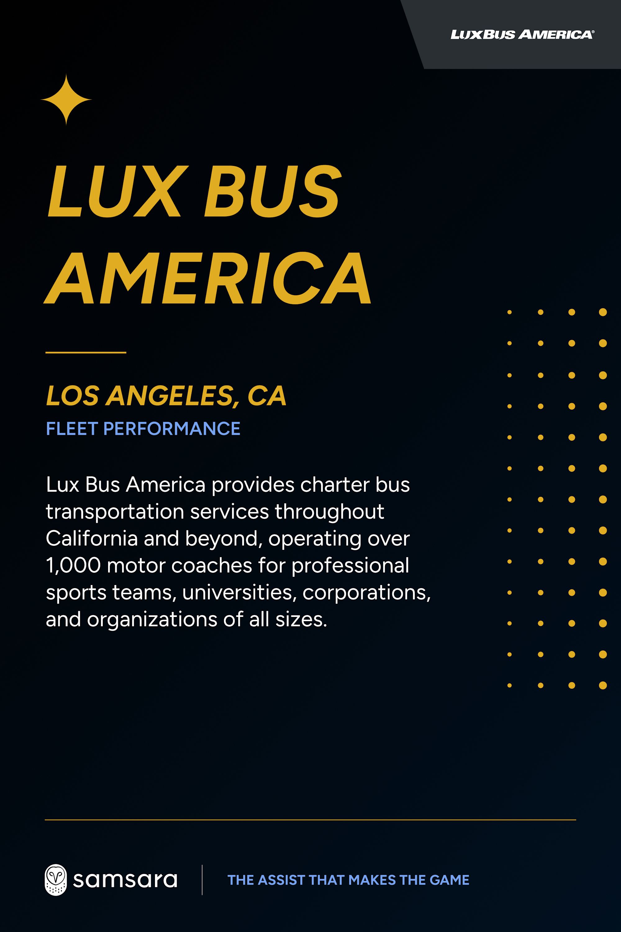 Lux Bus America fleet performance card, highlighting charter bus services in Los Angeles, CA.
