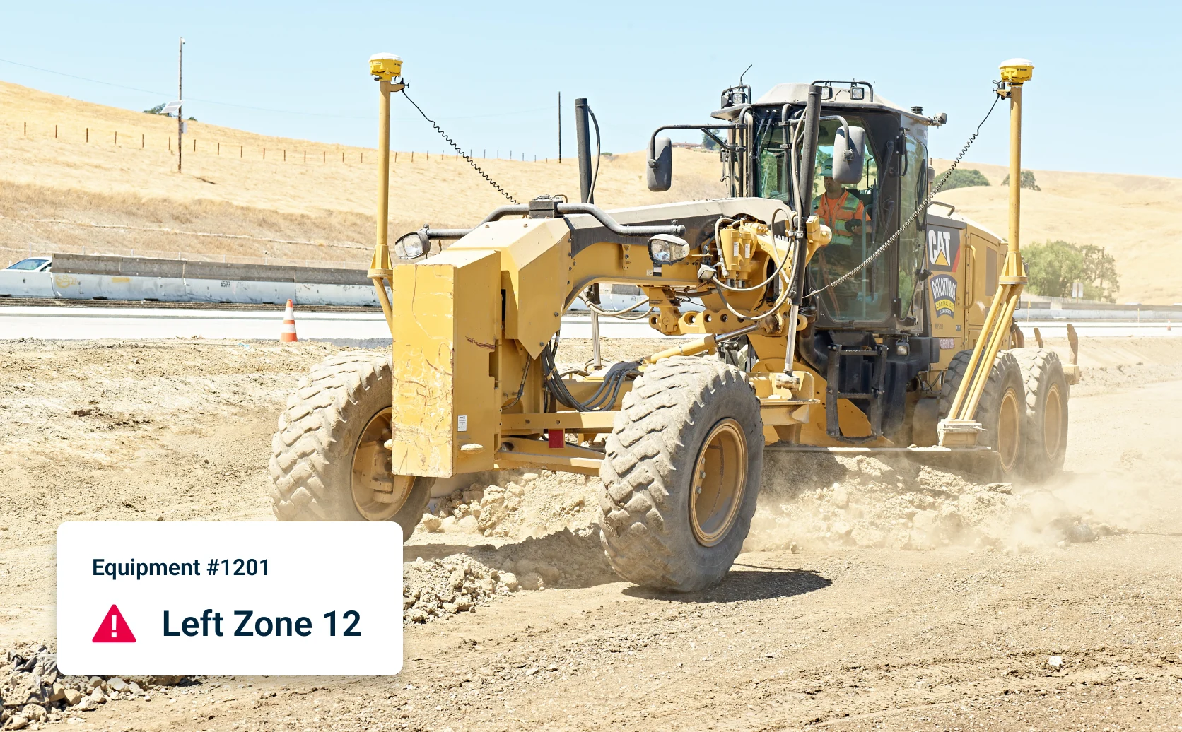 Image shows construction vehicle at a site.  Overlay shows Geofencing alert: Equipment #1201 Left Zone 12
