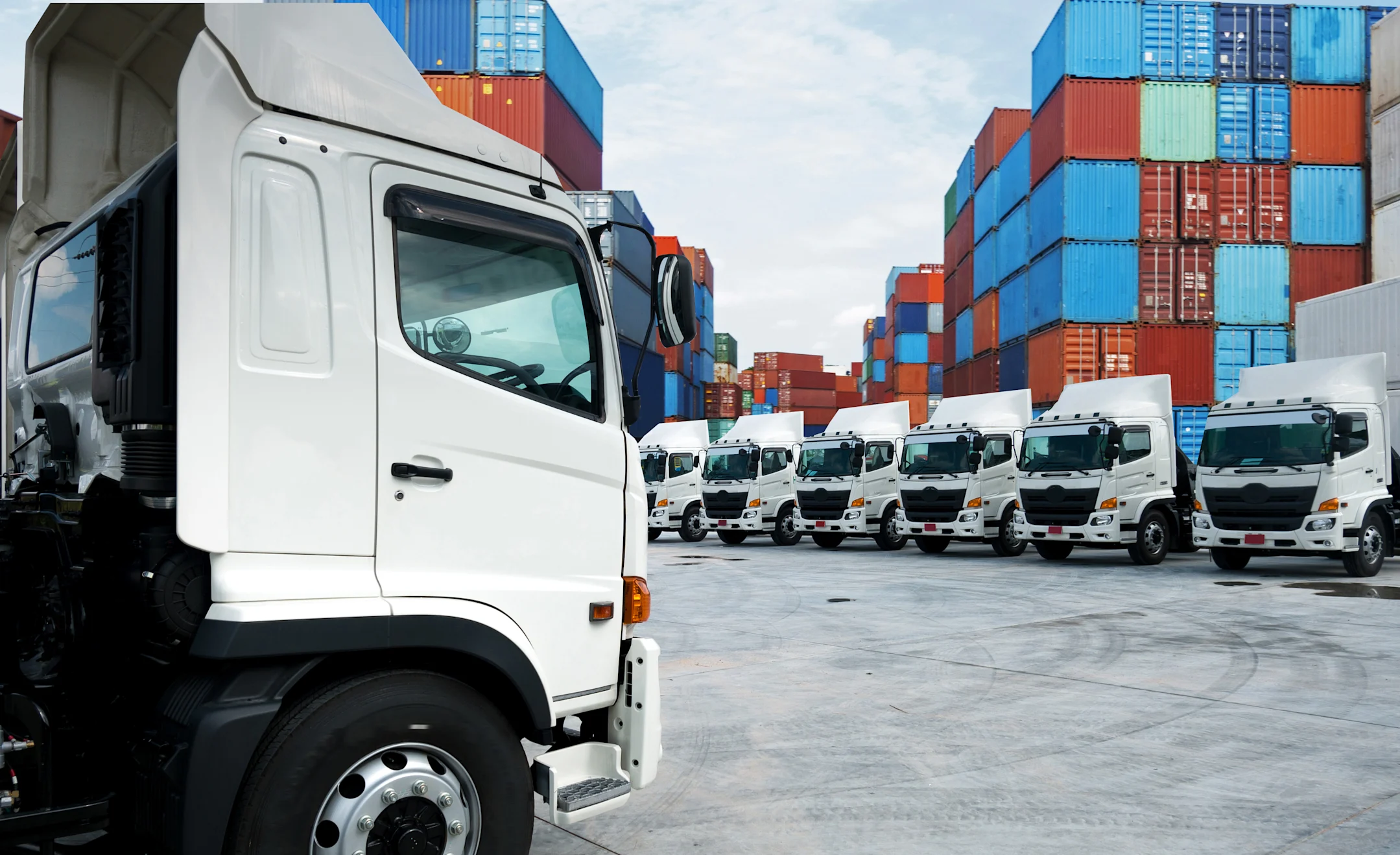 Weiße Lastwagen in Reihe auf einem Containerterminal mit gestapelten blauen und roten Frachtcontainern im Hintergrund.