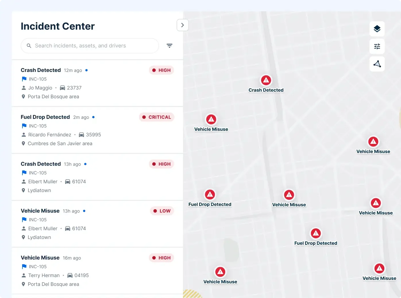 Incident Center dashboard showing vehicle alerts including crashes, fuel drops with map locations and severity levels.