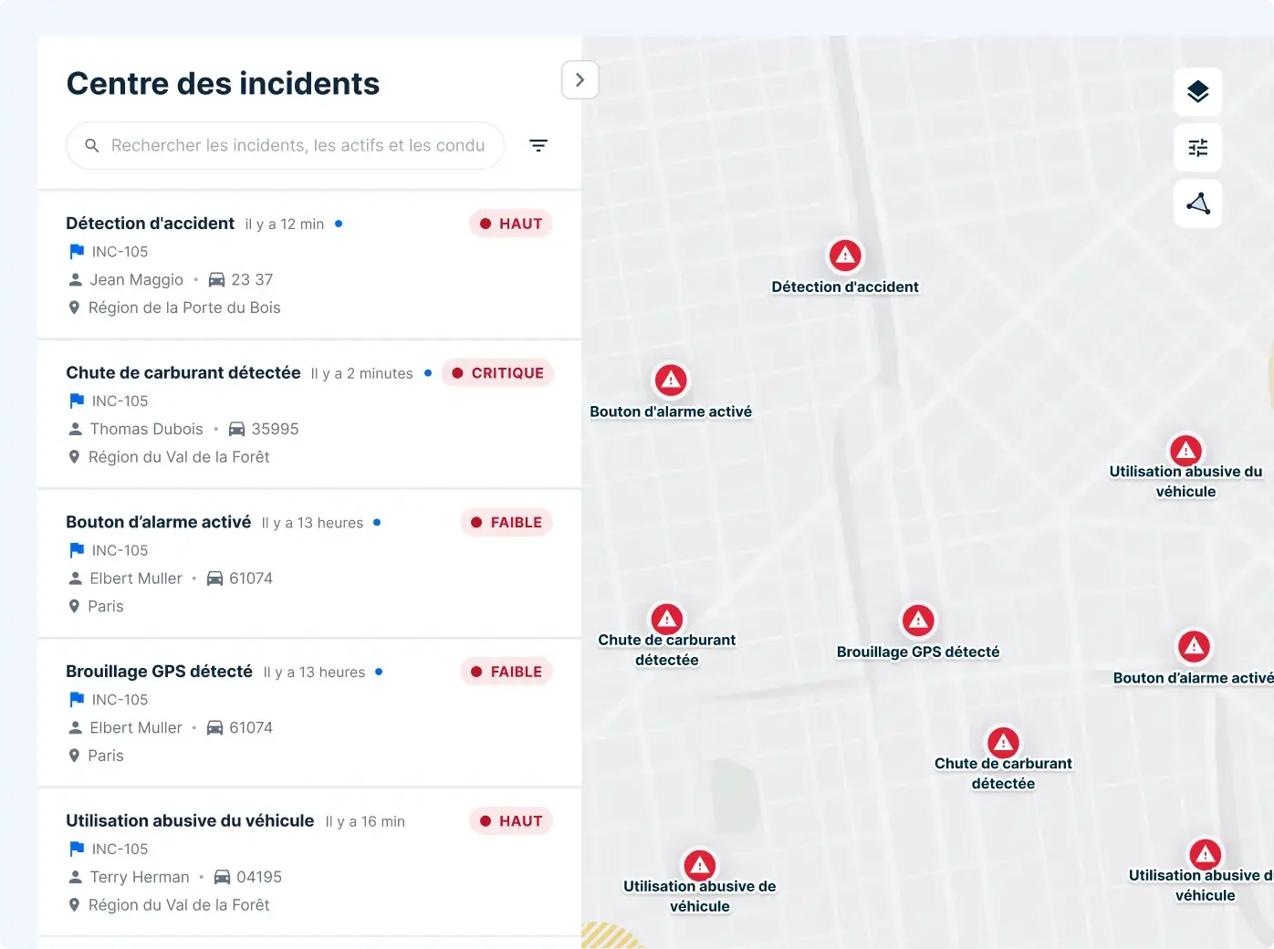 Tableau de bord du centre d'incidents affichant les alertes relatives aux véhicules, (accidents, position, gravité, etc.).