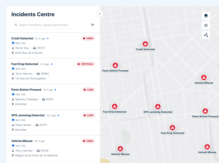 Incident Center dashboard showing vehicle alerts including crashes, fuel drops with map locations and severity levels.