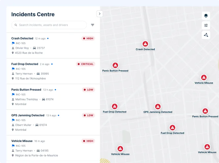 Incident Center dashboard showing vehicle alerts including crashes, fuel drops with map locations and severity levels.
