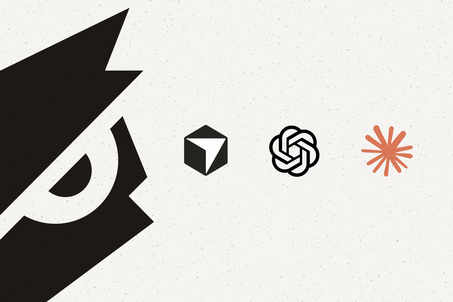 Abstract graphic with a large black shape, a 3D cube icon, an OpenAI logo, and a red starburst on a cream background.