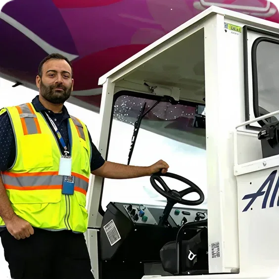 Airport ground staff in yellow safety vest standing next to an open cabin of a baggage tug vehicle.