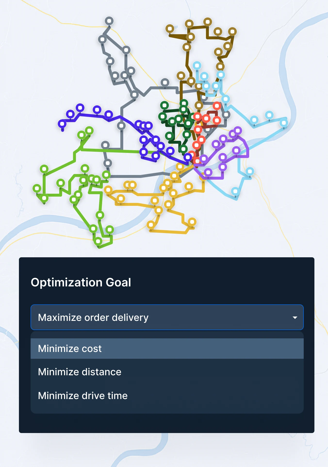 Map with routes in distinct colors