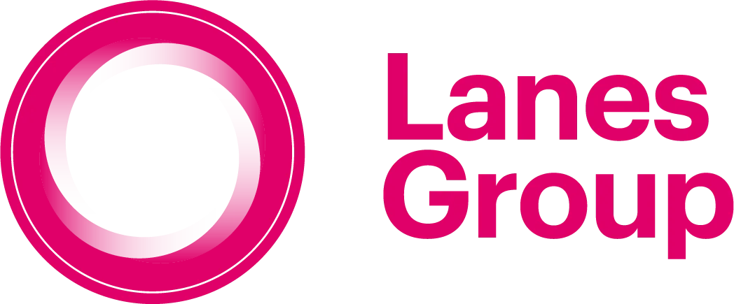 Logo der Lanes Group mit pinkem Kreis und Schriftzug "Lanes Group" in kräftigem Pink auf weißem Hintergrund.