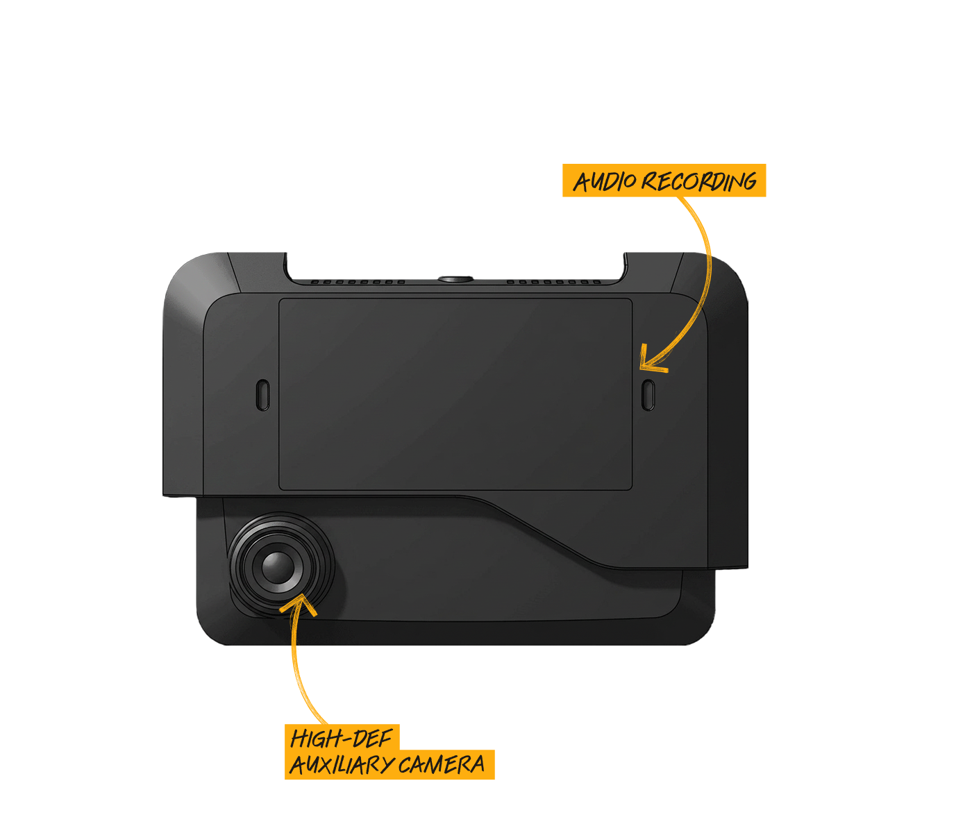 Black camera device with labeled features: audio recording and high-def auxiliary camera, shown in a diagram illustration.
