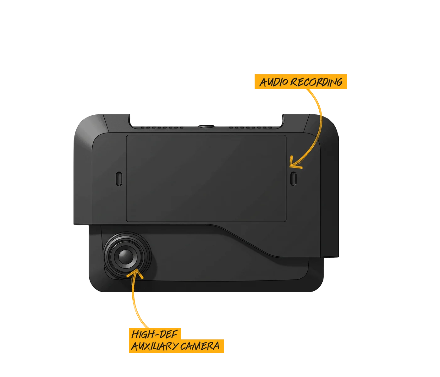 Black camera device with labeled features: audio recording and high-def auxiliary camera, shown in a diagram illustration.
