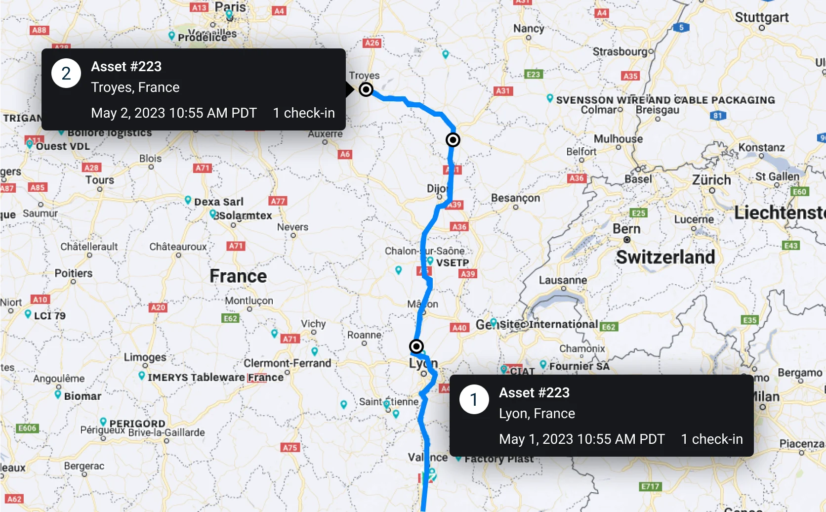 Screenshot of Samsara dashboard showing where an asset is located on Google maps.