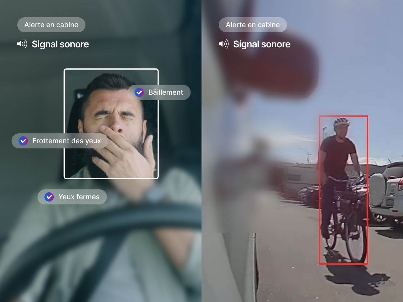 Système de sécurité détectant un conducteur somnolent et un cycliste à proximité du véhicule, avec alertes sonores.