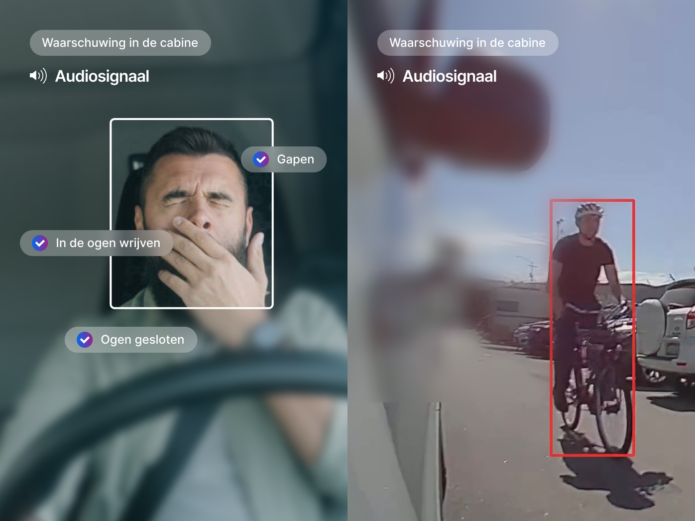 Twee camerabeelden: vermoeide gapende bestuurder en gedetecteerde fietser buiten, met audiosignaalwaarschuwingen.