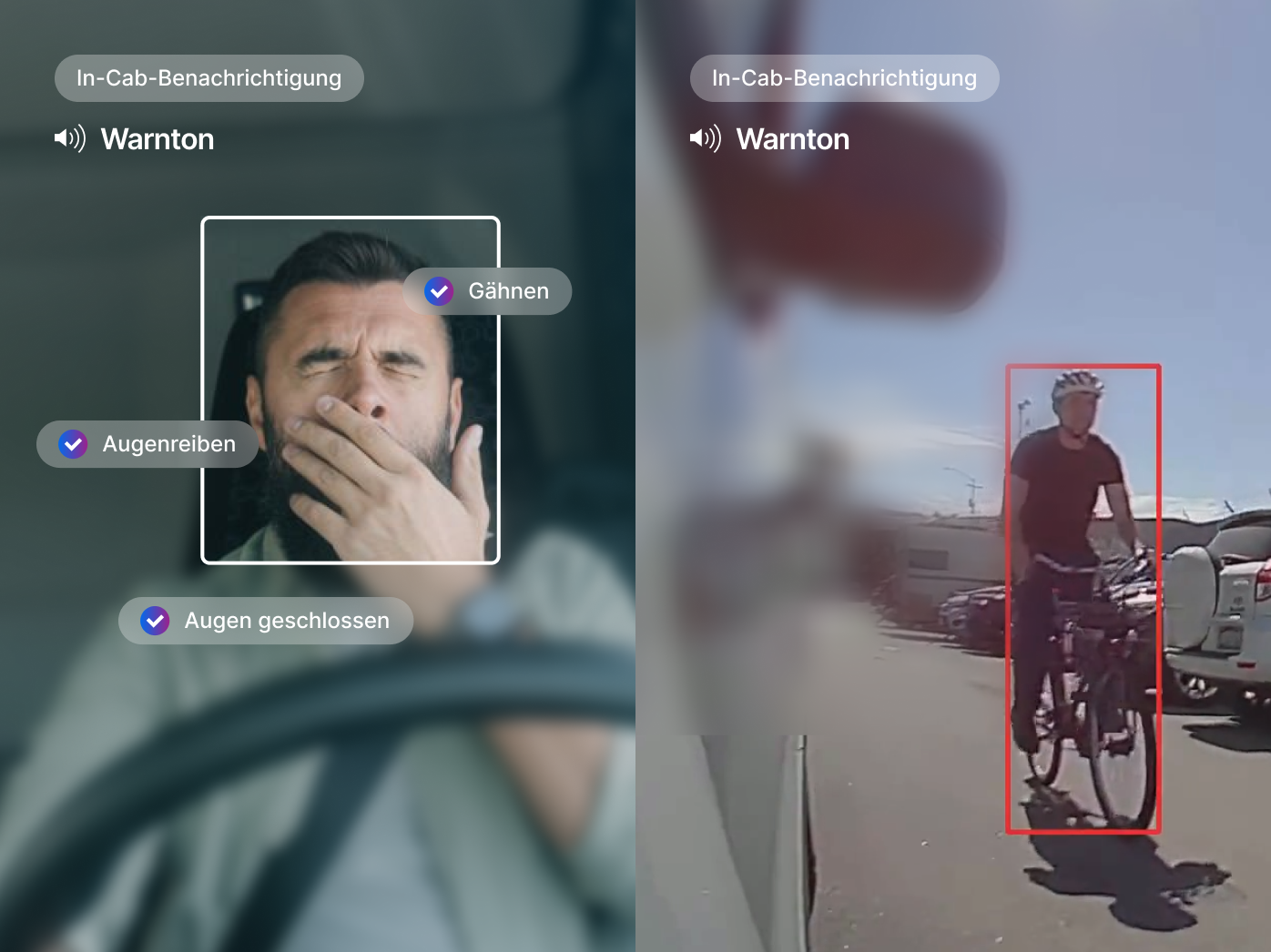 Dashcam-System erkennt müden Fahrer (Gähnen, Augenreiben) und einen Radfahrer auf der Straße mit Warnton-Benachrichtigung.